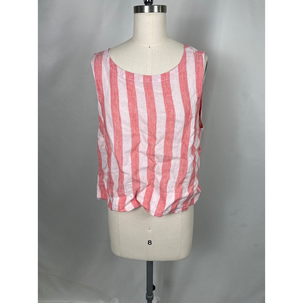 C&C California‎ Medium Pink White Striped Beachy 100% Linen Button Tank Top